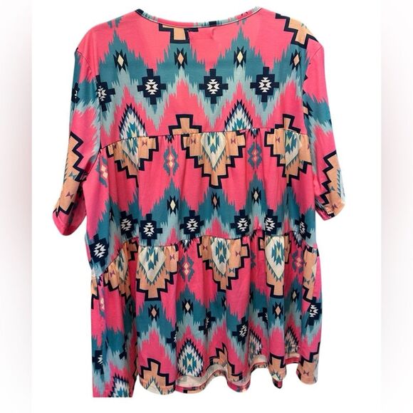 EUC Southern Stitch Pink Blue Aztec Print V Neck Tier Ruffle Blouse Top- Size XL - Picture 3 of 5